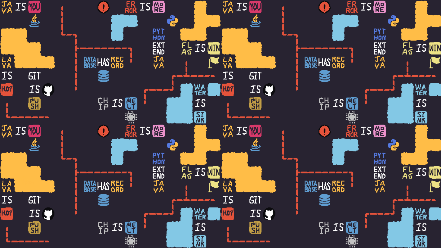 Game background full of rules like JAVA IS YOU and WATER IS SINK